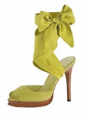 Diane Von Furstenberg Eva Suede Chartreuse Bow Ankle-Tie High Heel Wrap Sandal